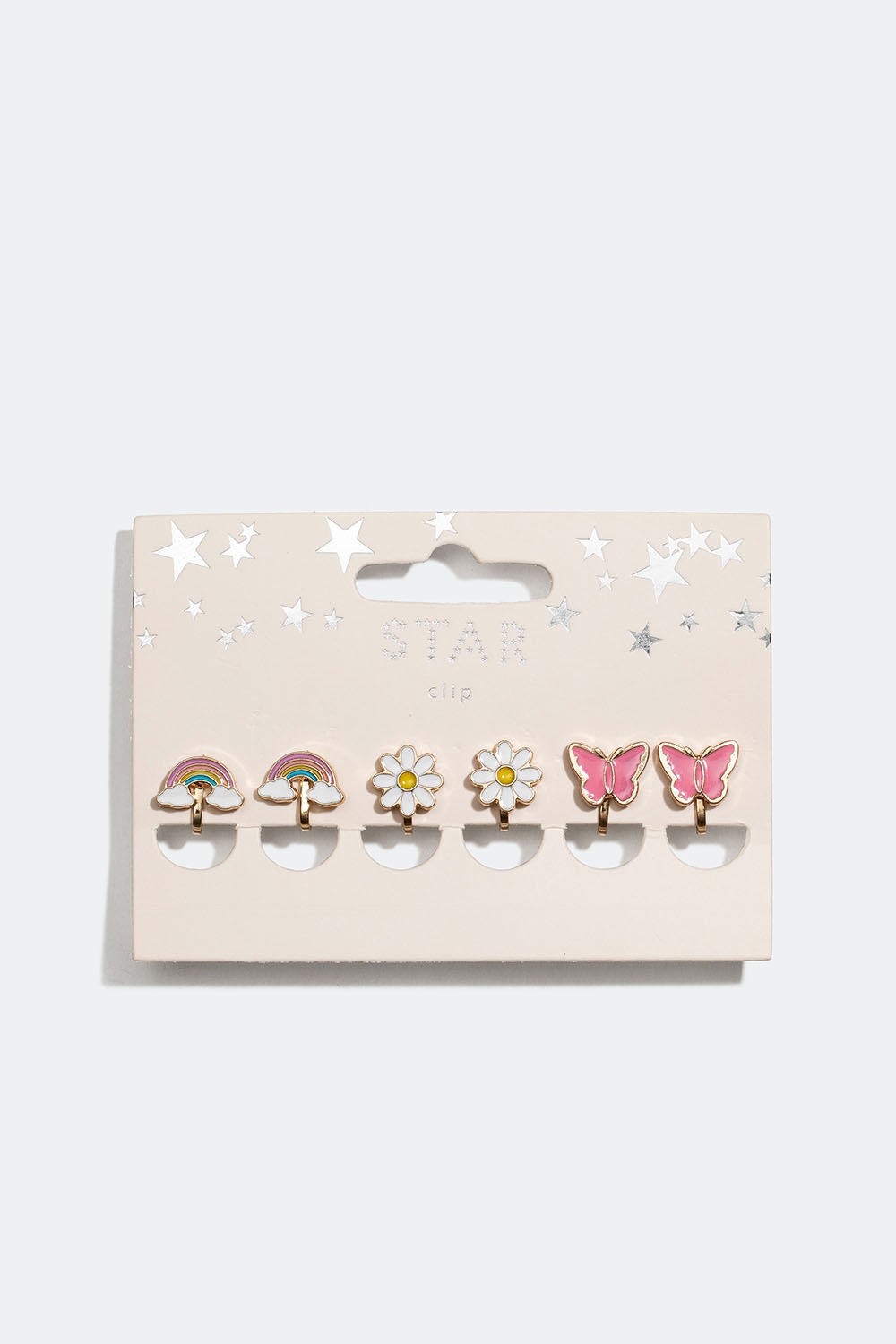 Clipsörhängen med regnbågar, blommor och fjärilar, 3-pack i gruppen Barn / Barnsmycken / Barnörhängen hos Glitter (402000029900)